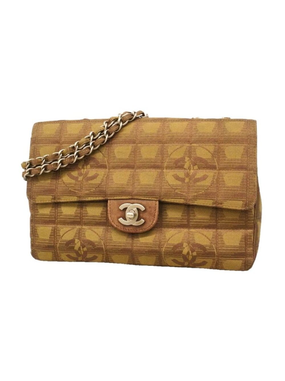 Chanel Shoulder Bag New Travel Choco Bar Nylon Khaki Brown Silver